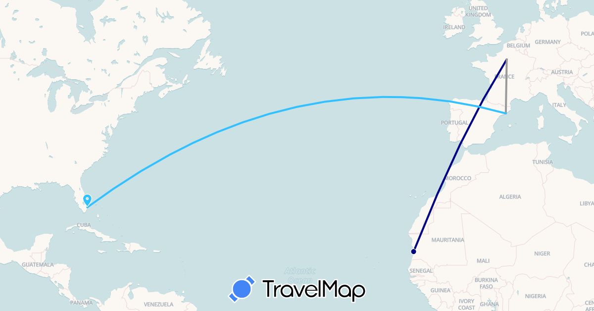 TravelMap itinerary: driving, plane, boat in Spain, France, Mauritania, United States (Africa, Europe, North America)